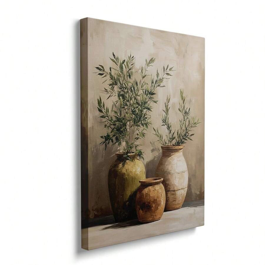 Olive branch still life canvas print with three earthenware vases in an aged gold frame