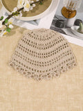 Side view of beige boho floral crochet bucket hat with airy lattice rows