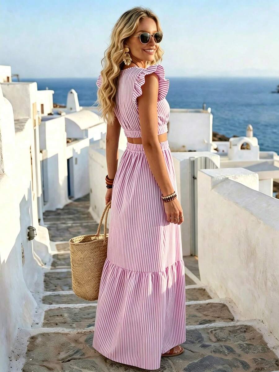 Back view of pink striped two piece set with ruffle sleeves and high waist pants