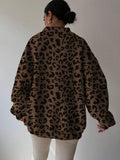 Back view of chocolate brown leopard-print oversized sweatshirt with rib-knit hem