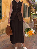 Close Front View of deep brown sleeveless vest and maxi skirt set for office and daily wear