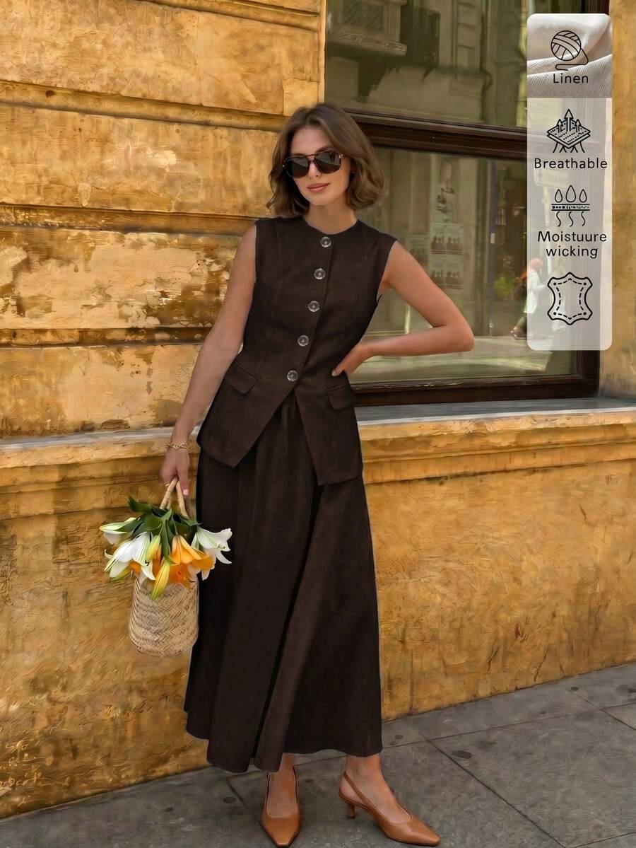 Front View of deep brown sleeveless vest and maxi skirt set for office and daily wear