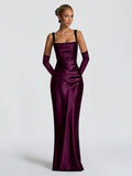 Front view of dark teal satin square-neck dress with ruched bodice and long fitted skirt
