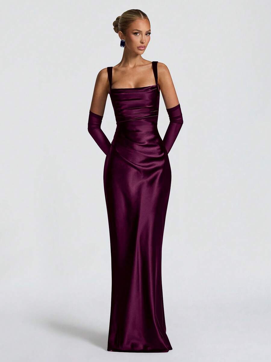 Front view of dark teal satin square-neck dress with ruched bodice and long fitted skirt