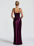 Front full-length view of plum satin gown with square neckline and matching long gloves