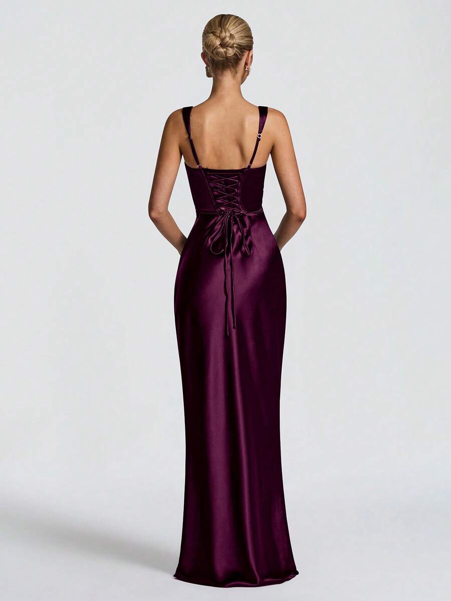 Front full-length view of plum satin gown with square neckline and matching long gloves