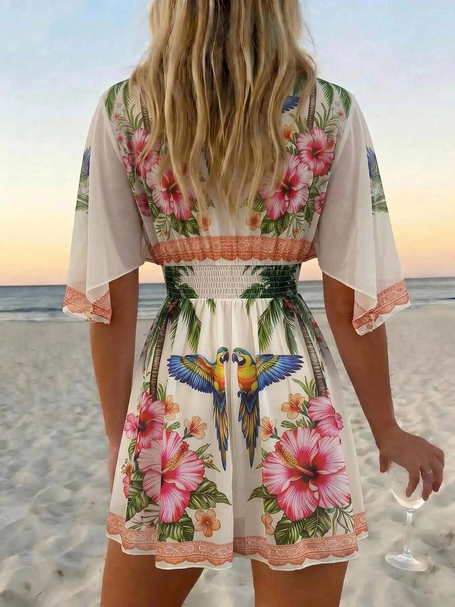 Tropical floral beach cover up dress with parrots and hibiscus