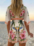 Womens cream tropical cover up dress with lace trimmed V neck