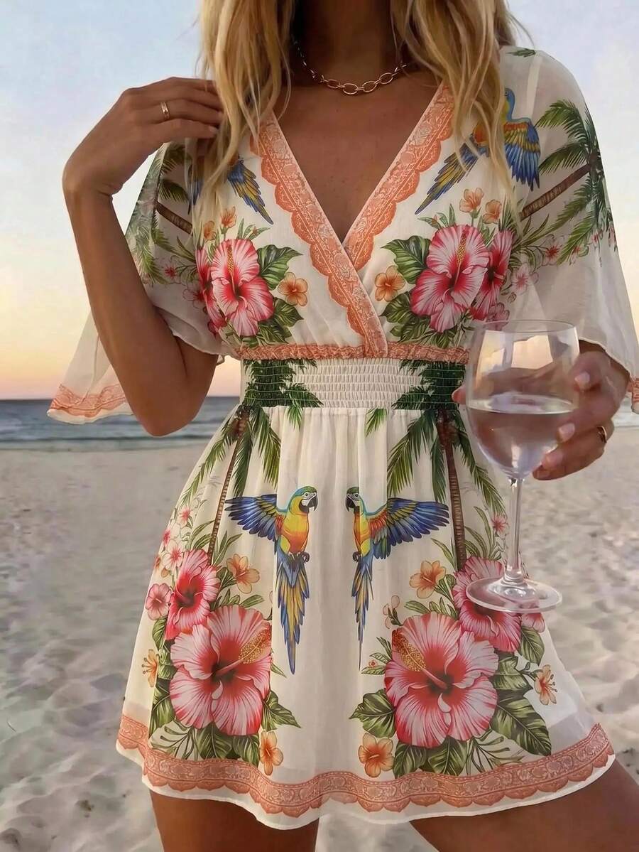 Parrot and hibiscus print shirred waist beach cover up
