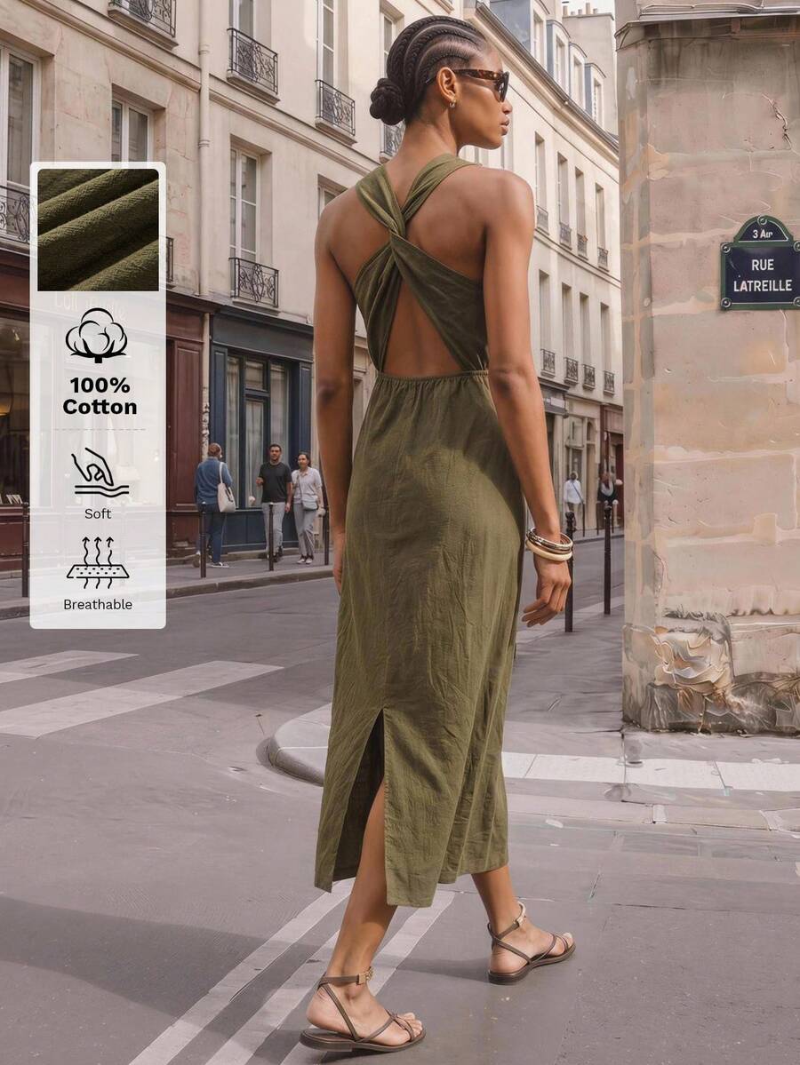 Casual Mid-Length Dress with Hollow Embroidery and Twist Back for Vacation Outfits