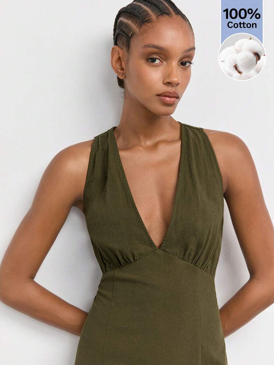 Casual Mid-Length Dress with Hollow Embroidery and Twist Back for Vacation Outfits