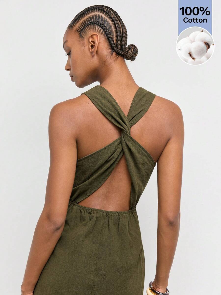 Casual Mid-Length Dress with Hollow Embroidery and Twist Back for Vacation Outfits