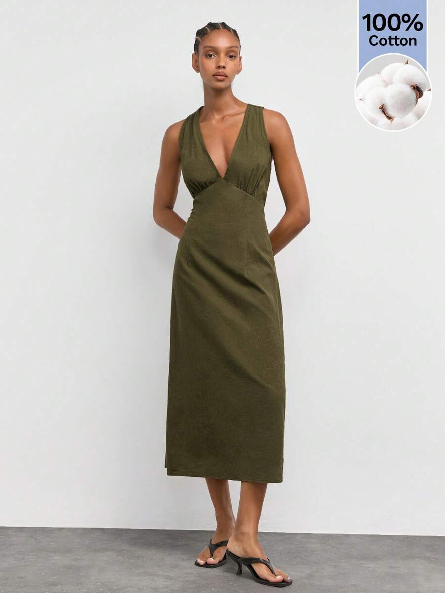 Casual Mid-Length Dress with Hollow Embroidery and Twist Back for Vacation Outfits