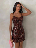 open back sequin cami mini dress with scoop neckline, spaghetti straps, crisscross tie back, fitted bodice, slight A-line mini skirt, iridescent sequin variants and orange floral print variant image 15