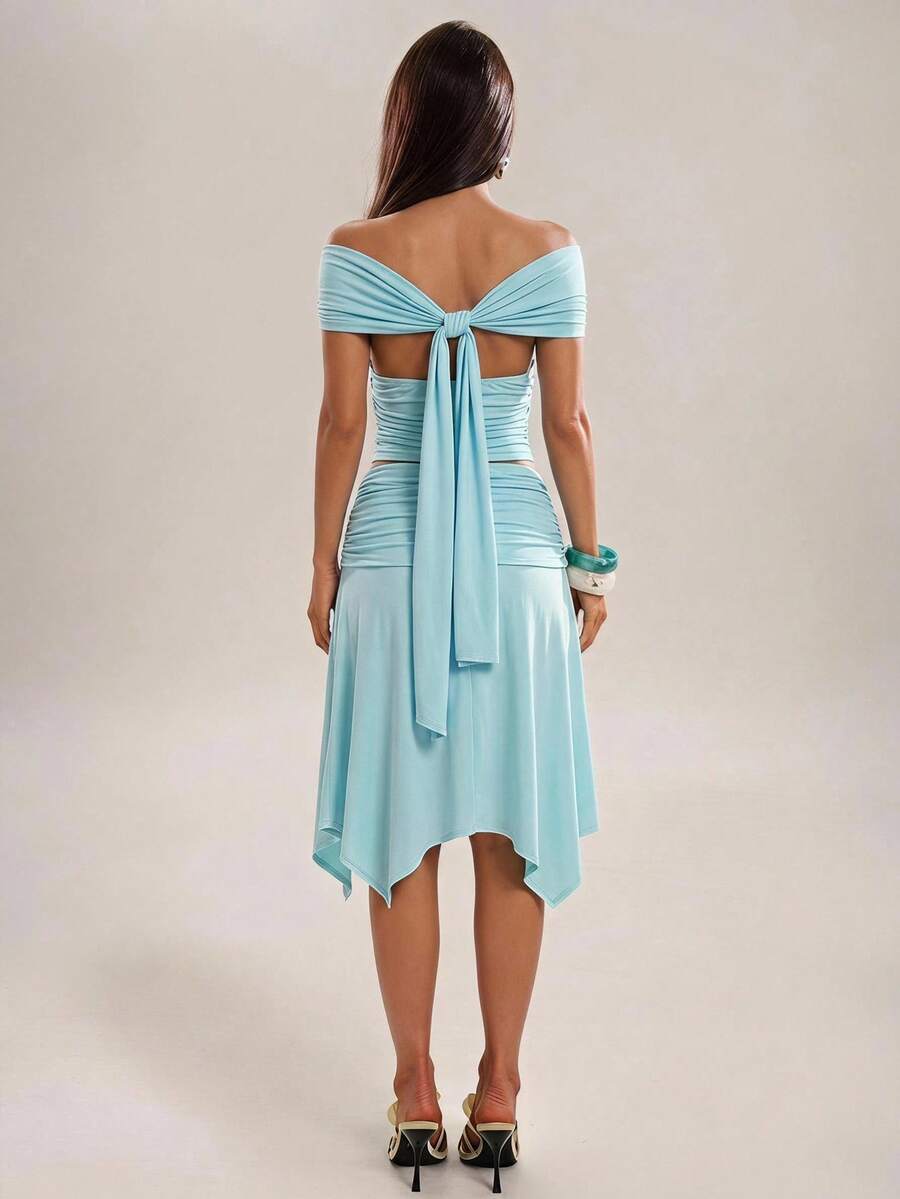 Baby blue two-piece skirt outfit with sweetheart neckline and open back tie