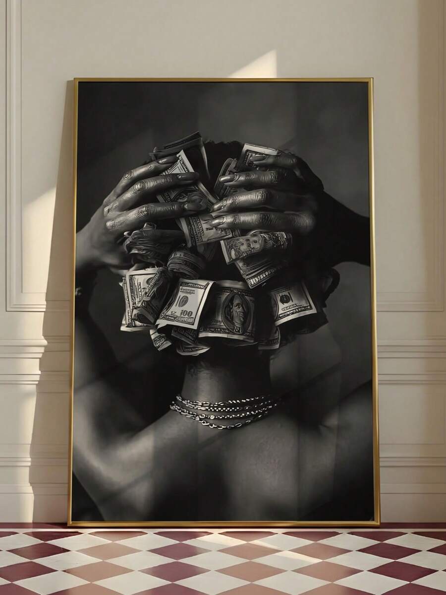 Framed dollar bill portrait with gold and wood frame styling