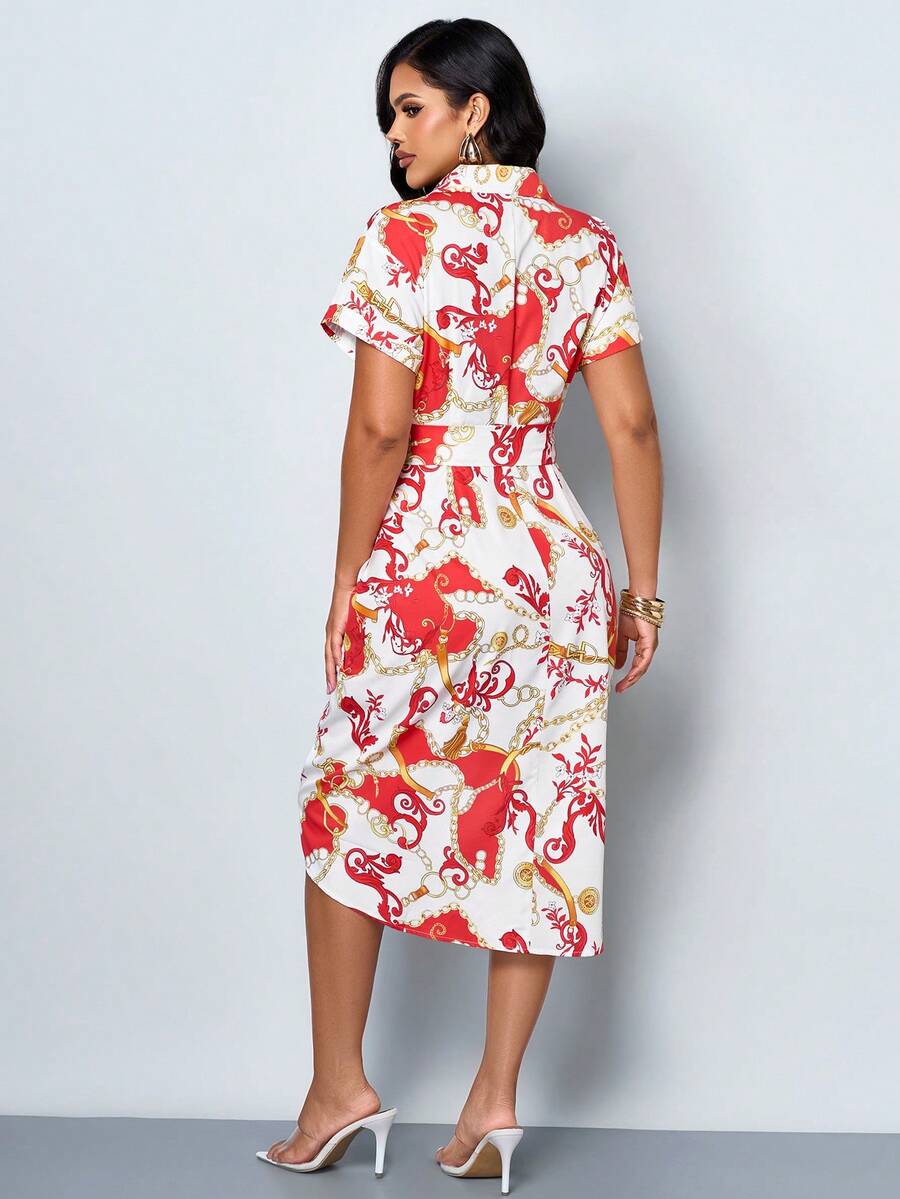 Front view of white midi shirt dress with red and gold baroque print, button front, and tie waist