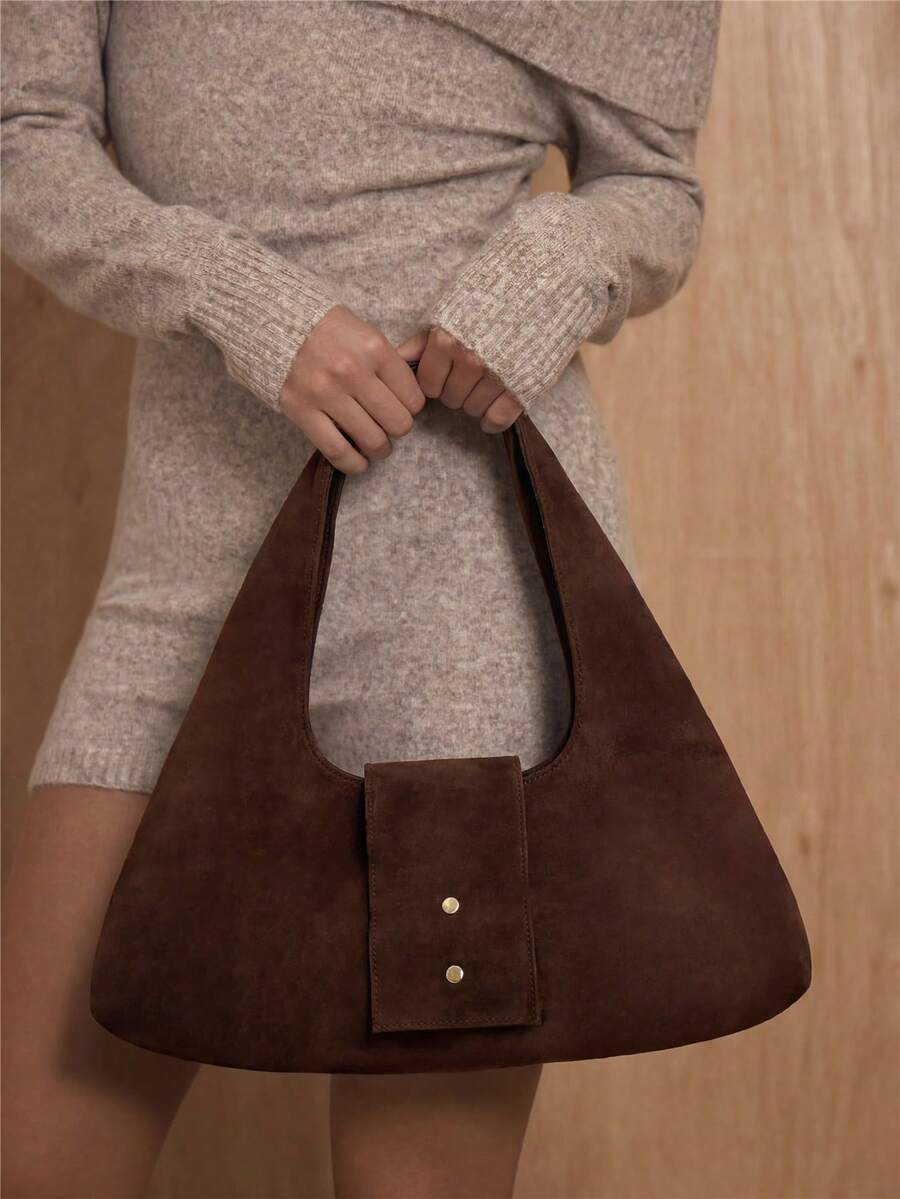 Dark brown suede-look soft hobo handbag with integrated loop handles