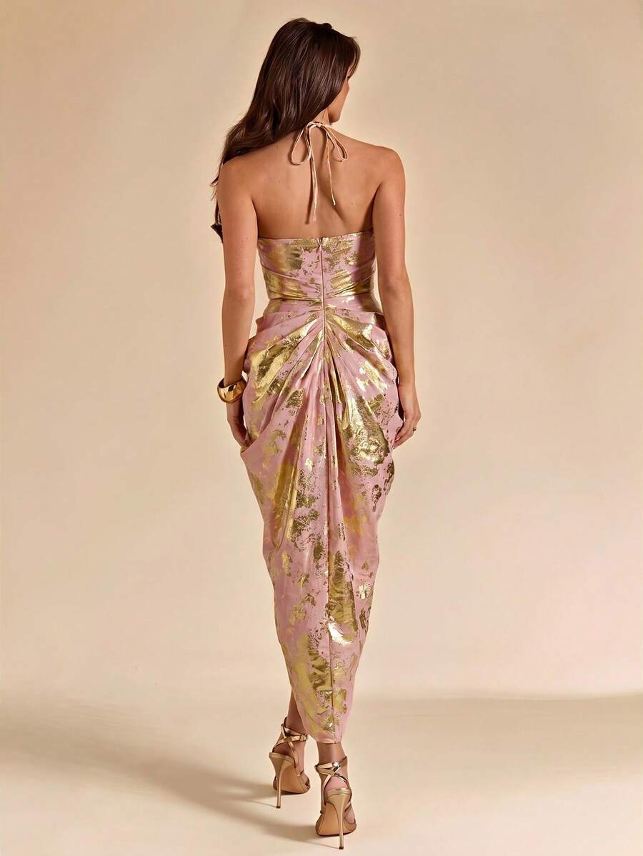 Pink metallic gold-print midi dress with halter strap sweetheart bust corset bodice and front slit