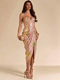 Pink metallic gold-print midi dress with structured bust side pleats wrap-look skirt and slit