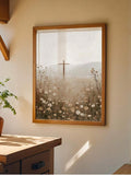 Wood framed cross wildflower meadow canvas wall art in a warm sunlit room