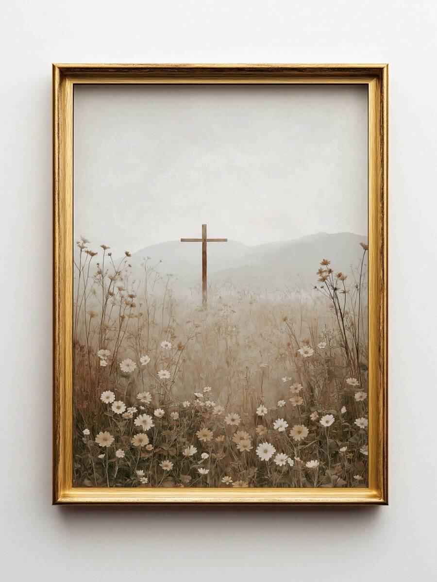 Gold framed cross and white wildflower landscape canvas on a white wall