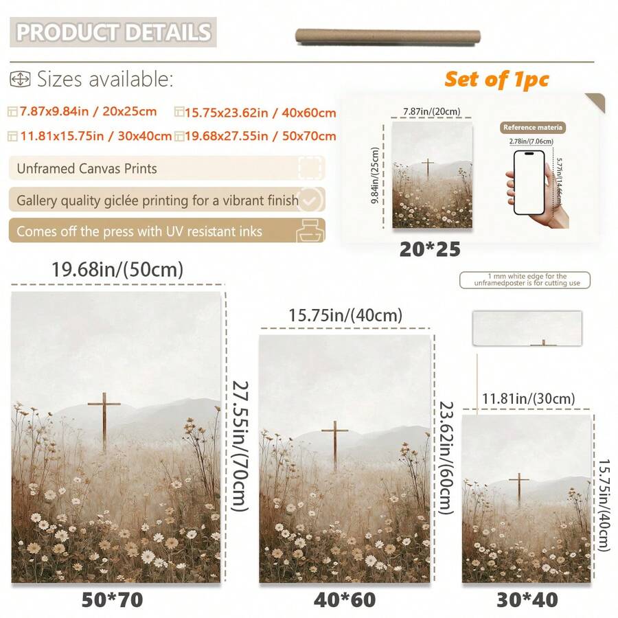 Christian cross wildflower canvas size and product details guide