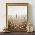 Gold framed Christian cross canvas art with misty mountain and daisy landscape