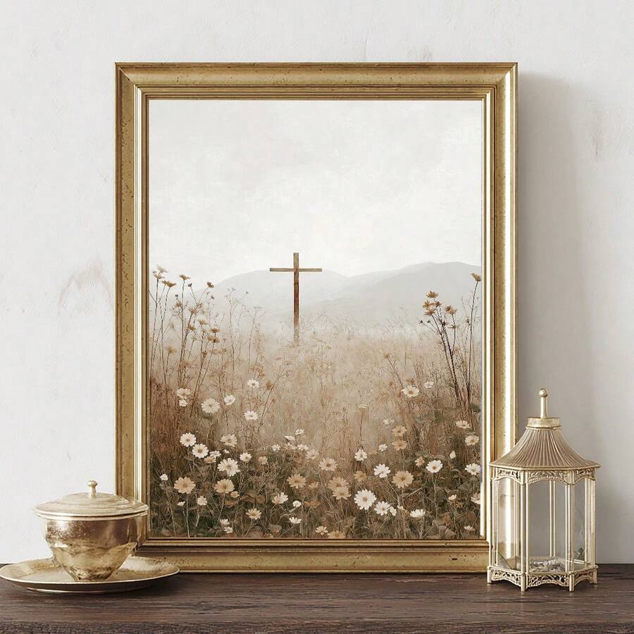 Gold framed Christian cross canvas art with misty mountain and daisy landscape