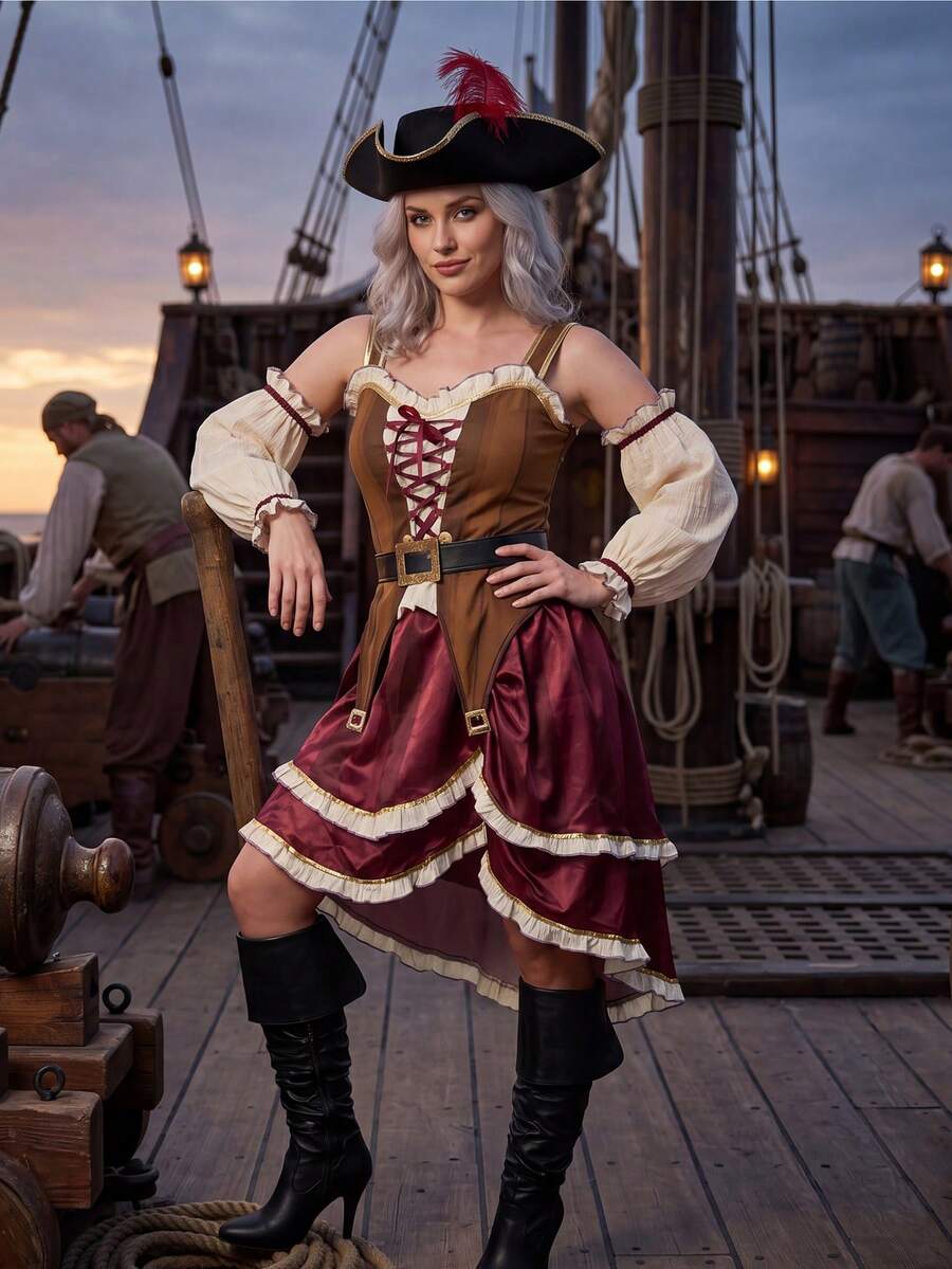 Back view of women’s brown pirate costume dress with burgundy layered skirt