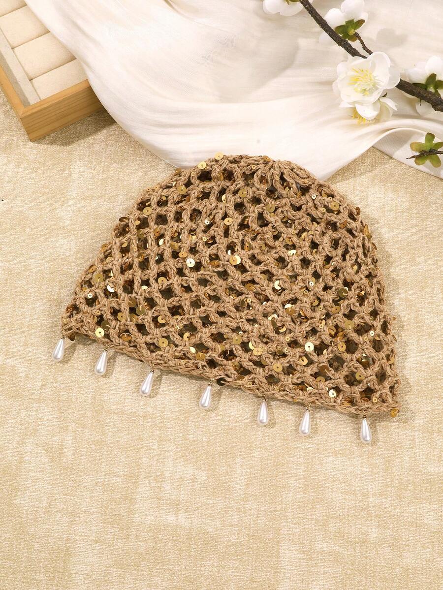 Ivory granny square flower crochet cap with rhinestone centers