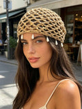 Black openwork crochet beanie hat with sparkle sequin details