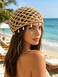 Cream floral crochet beanie cap with open holes and scalloped edge