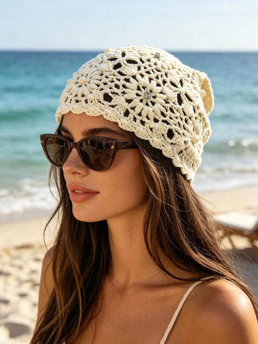 Ivory granny square flower crochet cap with rhinestone centers