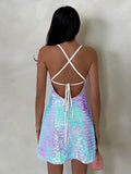 open back sequin cami mini dress with scoop neckline, spaghetti straps, crisscross tie back, fitted bodice, slight A-line mini skirt, iridescent sequin variants and orange floral print variant image 18
