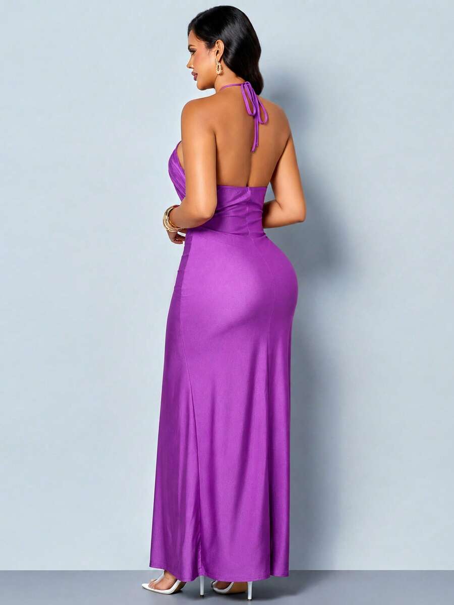 Full front view of purple halter maxi evening dress with gold-tone neck and waist ornaments