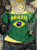 Front flat lay of green layered graphic T-shirt with Brasil flag print and striped halter insert