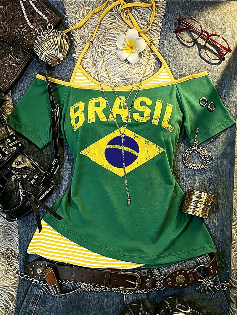 Front flat lay of green layered graphic T-shirt with Brasil flag print and striped halter insert