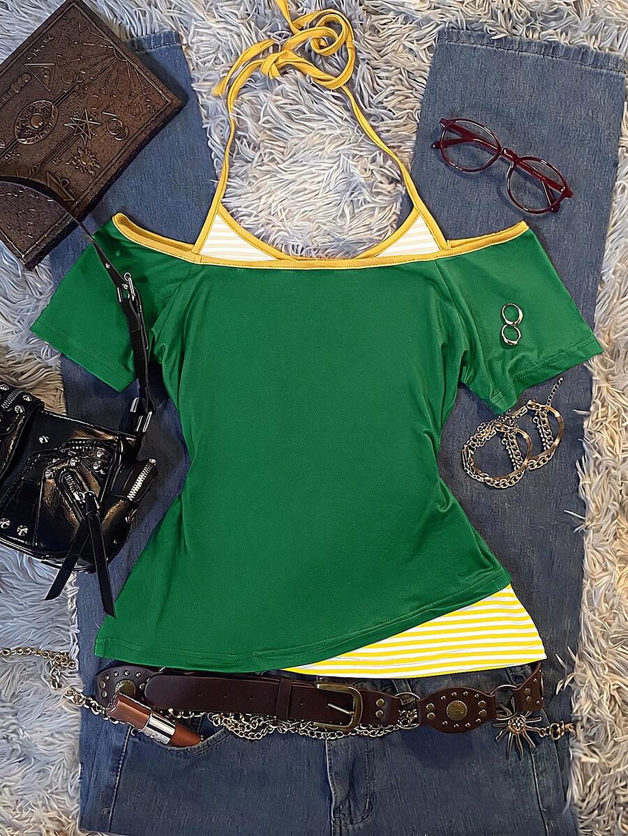 Back flat lay of green off-shoulder top with yellow striped halter ties and layered hem