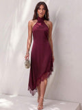 Angled front view of burgundy satin halter mini dress with lace hem