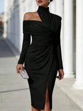 Black Front Alternate view of asymmetric off-shoulder ruched midi bodycon dress with long sleeves and front slit