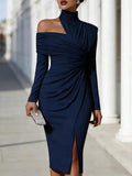 Navy Front view of asymmetric off-shoulder ruched midi bodycon dress with long sleeves and front slit