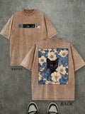 Front and back view of washed chocolate brown cat floral graphic T-shirt for casual wear