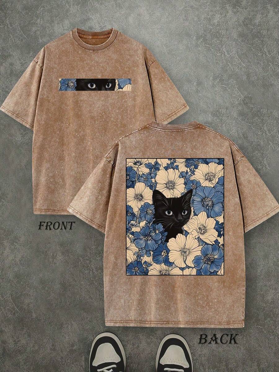 Front and back view of washed chocolate brown cat floral graphic T-shirt for casual wear