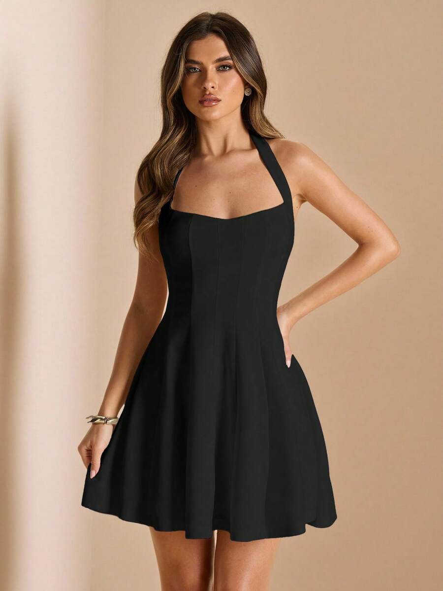 Black square neck mini dress close front view