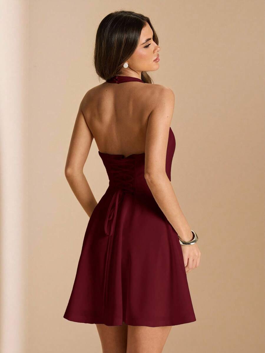 Burgundy corset-back dress rear view