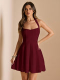 Burgundy square neck fit-and-flare dress close view