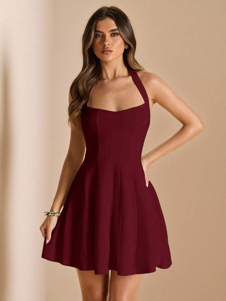 Burgundy square neck fit-and-flare dress close view
