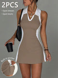 polo tennis golf mini dress with liner shorts, pocket, white collar, contrast side panels and racerback active fit image 23