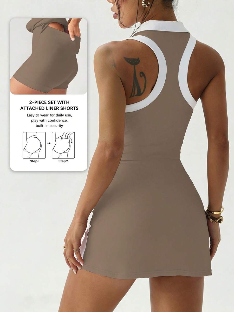 polo tennis golf mini dress with liner shorts, pocket, white collar, contrast side panels and racerback active fit image 24